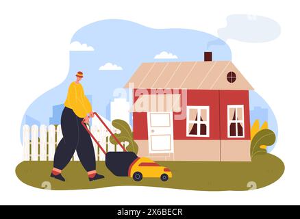 Gärtner Mann mäht Rasenmäher. Cartoon-Mann, der Gras auf dem Hinterhof des Hauses mit Ausrüstung schneidet. Gartenpflege Stock Vektor