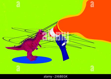 Collage 3D Pin up Pop Retro-Skizzenbild des kleinen Dino schreienden Bullhorn isolierten Neonmalhintergrunds Stockfoto