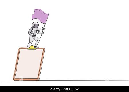 Eine einzige Linie, die jungen energischen Astronauten zeigt, der auf einem riesigen Klemmbrett steht und eine flatternde Flagge hält. Er überprüft seine Arbeit noch einmal, bevor er zum EA zurückkehrt Stock Vektor
