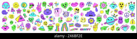 Psychedelische Neon-Retro-Aufkleber, verrückte abstrakte Hippie-Symbole. Abstrakte Retro-Aufkleber und Halluzination-Elemente-Vektor-Illustration Set Stock Vektor