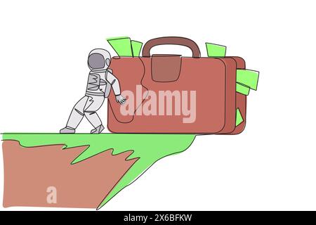 Ein einziger Astronaut schob einen riesigen Aktenkoffer mit dem Rücken vom Rand einer Klippe herunter. Harter Mann im Weltraum. Kosmische Galaxie Space Co Stock Vektor