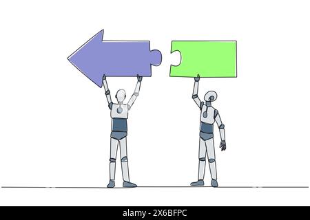 Eine durchgehende Linie zeichnet zwei Roboter, die zusammen mit einem Richtungspfeile zusammenarbeiten. Metaphern setzen Ideen gleich. Roboter, die Teamarbeit leisten. Zukunft Stock Vektor