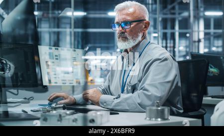 Autowerkstatt: Porträt eines leitenden männlichen Chefingenieurs, der an Desktop-Computern in automatisierten Roboterarmmontageanlagen arbeitet, die High-Tech-Elektrofahrzeuge herstellen. Förderband Für Elektronikproduktion Stockfoto