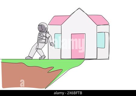 Ein einziger Astronaut hat das Miniaturhaus mit dem Rücken vom Rand der Klippe heruntergeschoben. Das Konzept des harten Mannes im Weltraum. Galaxy sp Stock Vektor