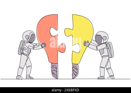 Eine durchgehende Linie zeichnet zwei Astronauten, die zwei Glühbirnen-förmige Puzzleteile schieben. Metapher bringt zwei Ideen zusammen. Teamwork zweier Astronauten Stock Vektor