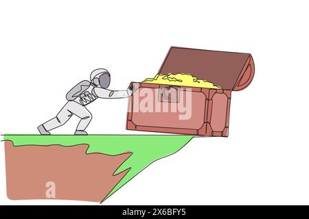 Ein Astronaut mit einer einzigen Linie schiebt eine riesige offene Schatzkiste über den Rand der Klippe. Harter Mann im Weltraum. Kosmisches Galaxienraumkonzept. Spac Stock Vektor