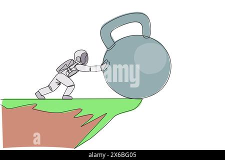 Ein Astronaut mit einer durchgehenden Linienzeichnung schiebt eine riesige Kettlebell über den Rand einer Klippe. Sport baut Muskeln im Raum auf. Das Konzept von Tough man i Stock Vektor