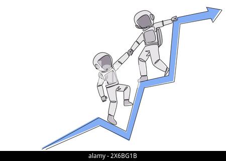 Ein Astronaut zieht den Arm eines anderen Astronauten, der vom grafischen Pfeil gefallen ist. Teamarbeit, um sich gegenseitig zu stärken. Kosmische galax Stock Vektor