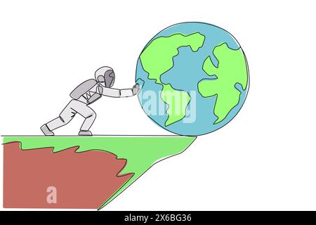Ein durchgehender Astronaut mit einer Linie schiebt einen riesigen Globus über den Rand der Klippe. Der Astronaut besiegt die Schwerkraft der Erde. Das Konzept des harten Mannes im Äußeren Stock Vektor
