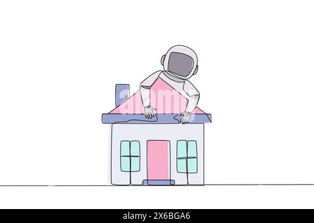 Durchgehende eine Linie, die junge energetische Miniaturhütte zieht. Astronauten wollen nach Hause, wenn die Mission vorbei ist. Miss Homeland. Kosmonaut. Co Stock Vektor