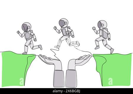 Durchgehende Linie mit drei Astronauten, die durch eine Klippe laufen, die ein Loch in der Mitte hat, aber von einer großen Hand gestützt wird. Arbeiten Sie mit der Teamarbeit in Richtung bette Stock Vektor