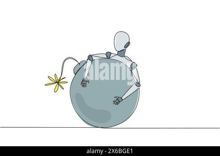 Ein einzelner, durchgehender Zeichnungsroboter, der eine große Bombe mit einer brennenden Sicherung umarmt. Roboter des Bombenkommandos. Anti-Aufruhr-Roboter. Künstliche Intelligenz. Zukunftsweisende Technik Stock Vektor