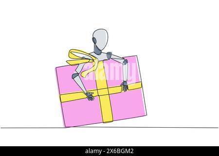 Ein Roboter mit kontinuierlichem Zeichnen in einer Linie, der sich an die Geschenkbox anschmiegt. Roboter für die Lieferung von Geschenken nach Hause. Künstliche Intelligenz. Maschinelles Lernen. Zukünftige Technologie Stock Vektor