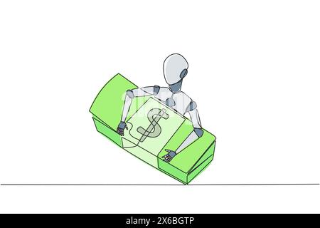Eine einzige Zeile zeichnet Roboter, der einen Stapel von Banknoten umschließt. Automatisches Scannen verhindert Geldmissbrauch. Zukunft Technik der künstlichen Intelligenz Konz Stock Vektor