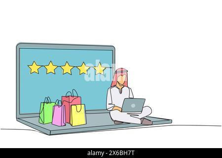 Eine Zeile zeichnet glücklicher arabischer Mann, der auf einem riesigen Laptop sitzt und auf einem Laptop tippt. Habe viel im Online-Shop gekauft. Bewerte 5 Sterne. E-Commerce Stock Vektor