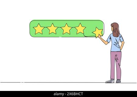 Einzelne durchgehende Linienzeichnung glückliche Frau stehend mit 1 Stern und möchte es zu 5 Sternen machen. Zufriedene Kunden und eine perfekte Bewertung. S Stock Vektor