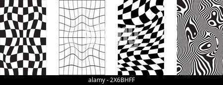 Satz verzerrter Schachbretthintergründe und kurviger Hintergründe. Psychedelische Muster mit bunten verformten Quadraten und welligen Linien. Groovige Layouts in Retro 60s 70s Stock Vektor