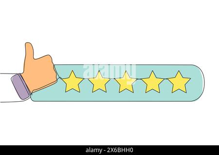 Eine Zeile, die die Daumen neben 5 Sternen nach oben zieht. Sternebewertung. Positive Bewertung. Feedback-Konzept. Einkaufserlebnis. Bewertung der Kundenrezension. E-Commerce Stock Vektor