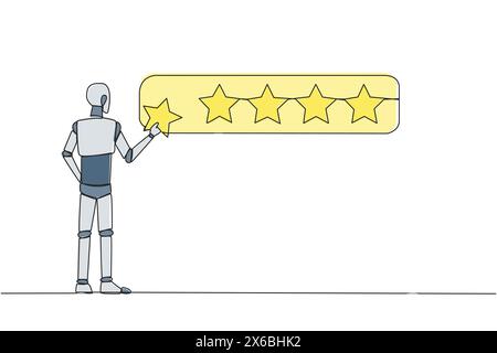 Ein einzelner, durchgehender Zeichnungsroboter, der 1 Stern hält und 5 Sterne machen möchte. Zufriedene Kunden und perfekte Bewertung. Sternratte Stock Vektor