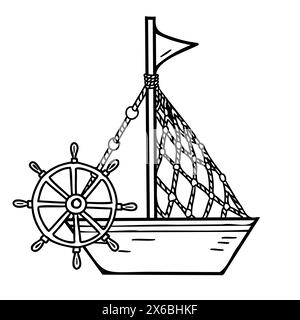 Niedliches Schiff, Boot mit Lenkrad. Handgezeichnete Vektorgrafik. Grafische Skizze. Isoliertes sommerliches Seewasser-Element. Stock Vektor