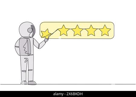 Durchgehend eine Linie zeichnender Astronaut, der einen Stern hält, will es zu 5 Sternen machen. Zufriedene Kunden geben eine perfekte Bewertung. Sternebewertung. Gala Stock Vektor