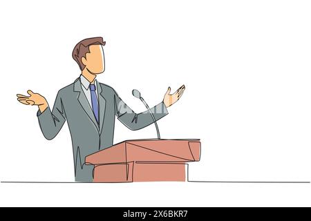 Eine einzige Zeile zeichnet einen jungen Geschäftsmann, der auf dem Podium spricht, während er die Hände öffnet. Erklären Sie die Geschichte des Unternehmens, um ein multinationales Unternehmen zu werden Stock Vektor