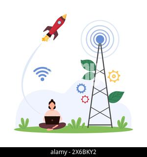 High-Speed-Internet-Signalverstärkung, drahtlose Netzwerkverbindung. Winzige Frau, die mit Laptop arbeitet, um Daten in wifi-Hotspot herunterzuladen, Rakete fliegt an Telekommunikationsantenne Cartoon-Vektor-Illustration Stock Vektor