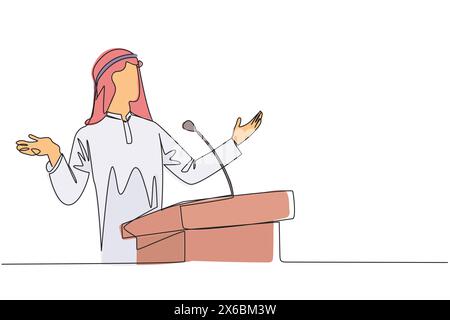 Eine einzige Zeile zeichnet einen arabischen Geschäftsmann, der auf dem Podium spricht, während er die Hände öffnet. Erklären Sie die Geschichte des Unternehmens, um multinational com zu werden Stock Vektor