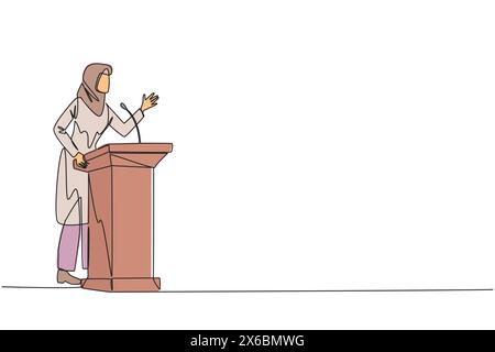 Eine durchgehende Linie zeichnet eine arabische Geschäftsfrauenrede, die auf dem Podium steht. Wir laden alle ein, sich mehr um die natürliche Kondition der av zu kümmern Stock Vektor