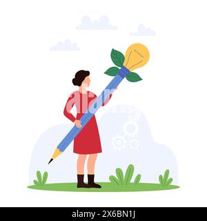 Kreative Idee, Notizen und Brainstorming-Lösung. Winzige Frau, die Bleistift mit Glühbirne hält, um artikel, Inhalte in Social-Media-Blogs, Brief oder Feedback-Cartoon-Vektor-Illustration zu schreiben und zu erstellen Stock Vektor