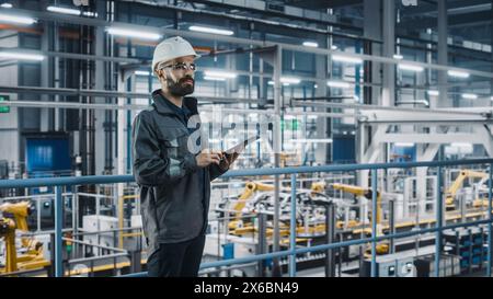 Autowerksingenieur in Arbeitsuniform mit Tablet-Computer. Automobilindustrie 4,0 Produktionsstätte, die mit Robotic Arms Technology an der Fahrzeugproduktion arbeitet. Automatisierte Montageanlage. Stockfoto