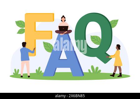 FAQ-Titel, häufig gestellte Fragen. Winzige Leute, die Buchstaben des Typs Luftblasen halten, Zeichen des Support Service finden Antworten, Vorschläge und Fakten zu Benutzerfragen Cartoon Vektor Illustration Stock Vektor
