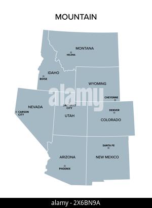 bergstaaten, graue politische Karte. United States Census Division of the West Region. Stockfoto