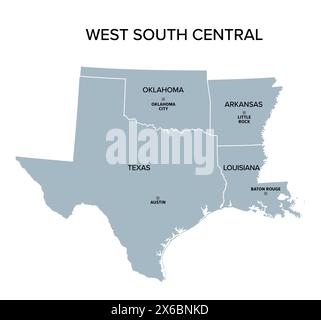 West South Central states, graue politische Karte. United States Census Division of the South Region. Stockfoto