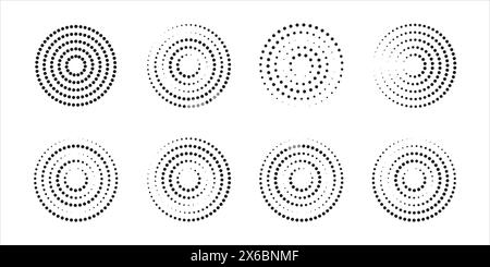 Konzentrische Kreise mit unterbrochenen gepunkteten Linien, isoliert auf weißem Hintergrund. Kreisförmige Symbole für Welligkeit. Whirlpool, Sonarwelle, Schallwellen, Sonnenstrahlen, Signal Stock Vektor
