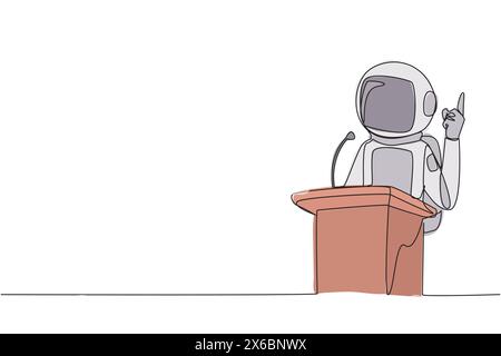 Eine einzelne durchgehende Linie, die junge Astronauten auf dem Podium zeigt, während sie einen Finger nach oben heben. Inspirierende Rede. Konferenz Stock Vektor