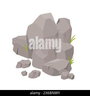 Natursteinfelsen, massive und kleine Felsbrocken mit wachsender Grasvektor-Illustration Stock Vektor