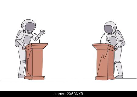Eine durchgehende Linie, die zwei Astronauten auf dem Podium streiten. Meinungen über den besten Weg zur Bekämpfung der globalen Erwärmung abzugeben. Öffnen Sie den Dialog. Deb Stock Vektor
