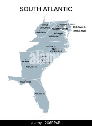 Südatlantische staaten, graue politische Karte. United States Census Division of South Region. Stockfoto