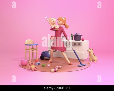 Mutter kümmert sich um das Baby beim Putzen und Kochen - Comic Home 3D Illustration Stockfoto