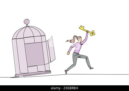 Eine einzelne, eine Linie zeichnende Geschäftsfrau, die aus dem Käfig läuft und den Schlüssel hält. Das Konzept der Freiheit von etwas, das bindet. Die Freiheit, den Geschäftsverkehr voranzutreiben Stock Vektor