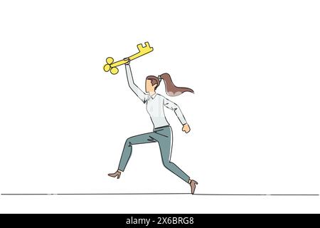 Durchgehende einzeilige Geschäftsfrau, die den Schlüssel hält. Feiern. Führe Bewegungen aus wie ein Staffelsportler. Der geheime Schlüssel zum Geschäftsumlauf Stock Vektor