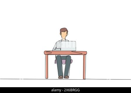 Durchgehende einzeilige Zeichnung Geschäftsmann sitzt und tippt auf Laptop-Computer. Bereiten Sie wichtige Daten vor, um sie vor neuen Investoren zu präsentieren. Hektisch. Stock Vektor