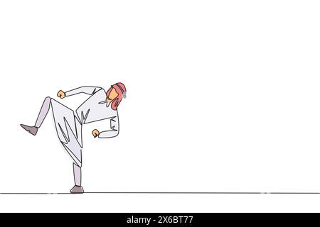 Eine einzige Linie zeichnet einen arabischen Geschäftsmann, der Taekwondo-Bewegungen macht. Trittbewegung. Kräftige Beine. Mit Sport Geschäfte machen. Halten Sie gesund bleiben STR Stock Vektor