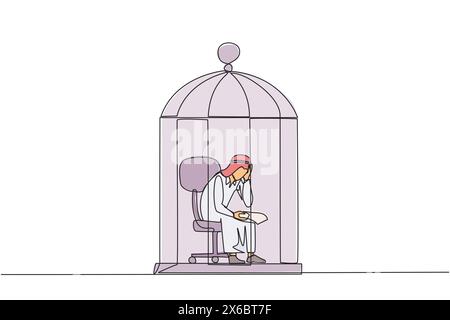 Ein arabischer Geschäftsmann, der in einem Käfig sitzt und nachdenklich Papier hält. Fehlgeschlagenes Geschäft. Lesen Sie die Konkurs-Erklärung. Frust Stock Vektor