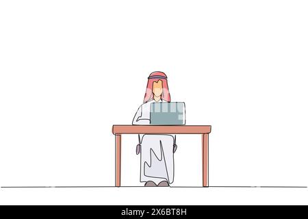 Durchgehende einzeilige Zeichnung arabischer Geschäftsmann, der auf einem Laptop sitzt und tippt. Bereiten Sie wichtige Daten vor, um sie vor neuen Investoren zu präsentieren. Er Stock Vektor