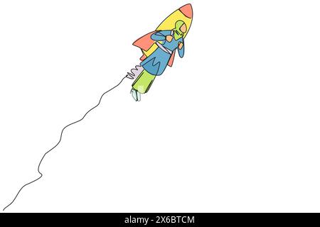 Eine durchgehende Linie zeichnet eine arabische Geschäftsfrau, die mit Rakete fliegt. Der Wunsch, das Geschäft in den Himmel zu bringen. Erfolgreicher Unternehmer. Super Stock Vektor
