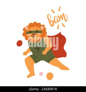 Niedlicher wilder Löwe im Superheldenkostüm mit Blitz, tapferer Held Tierfigur in cape Vektor Illustration Stock Vektor