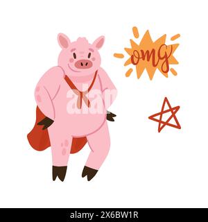Niedliches rosa Schwein im superheldencape, das in selbstbewusster tapferer Pose Vektor-Illustration steht Stock Vektor