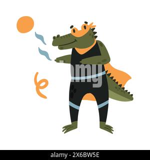 Niedliches grünes Krokodil im Superheldenkostüm, fröhlicher Tierheld in cape-Vektor-Illustration Stock Vektor